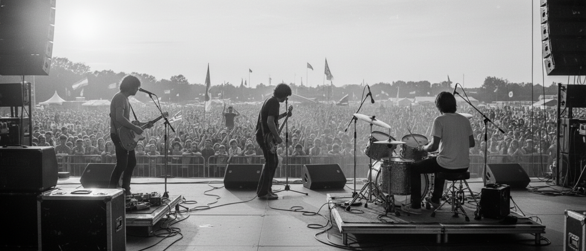 Band playing from the stage at dusk in front of a festival crowd.