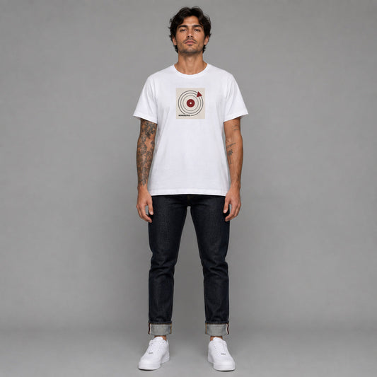 Bauhaus Turntable in white — worn by a male model, full length.