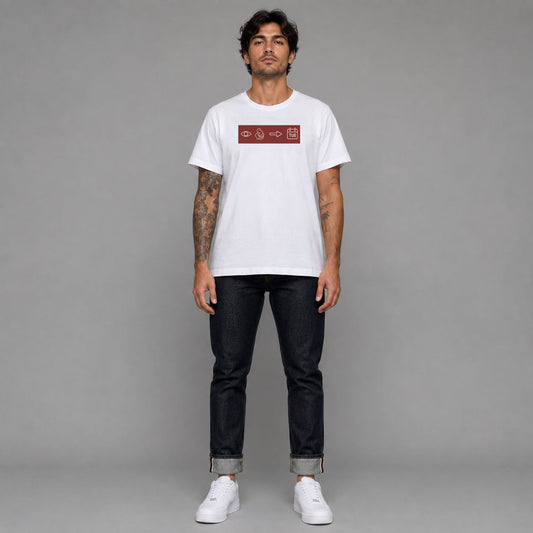 C.U. Next Tuesday in white — worn by a male model, full length.