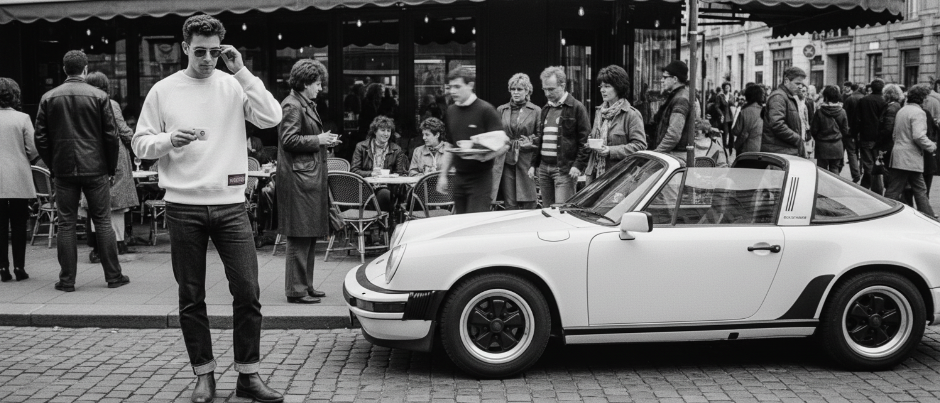 MONORETRO ivory heavyweight sweatshirt worn beside a white Porsche 911 Targa outside a Paris cafe terrace.