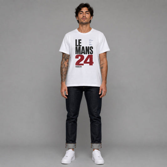 Le Mans in white — worn by a male model, full length.