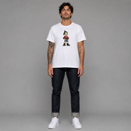 Mono Boy 019 in white — worn by a male model, full length.
