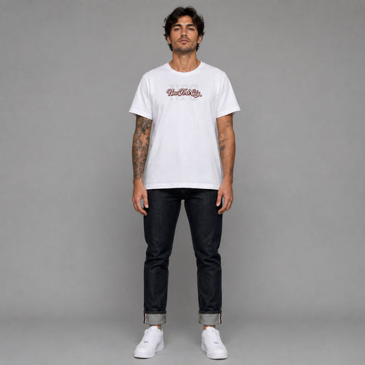 New Fork City in white — worn by a male model, full length.