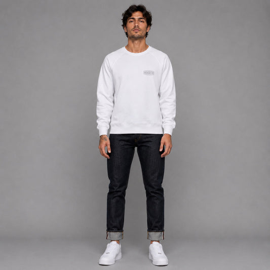 Signature No2 in white — worn by a male model, full length.