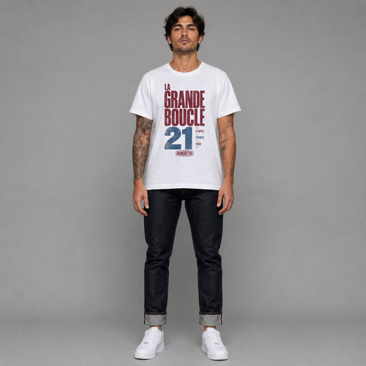 Tour De France in white — worn by a male model, full length.
