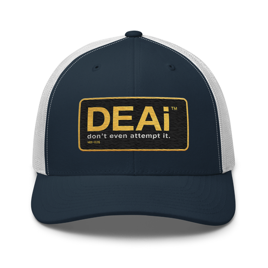 DEAi Heritage Trucker Cap in navy and white — front view.