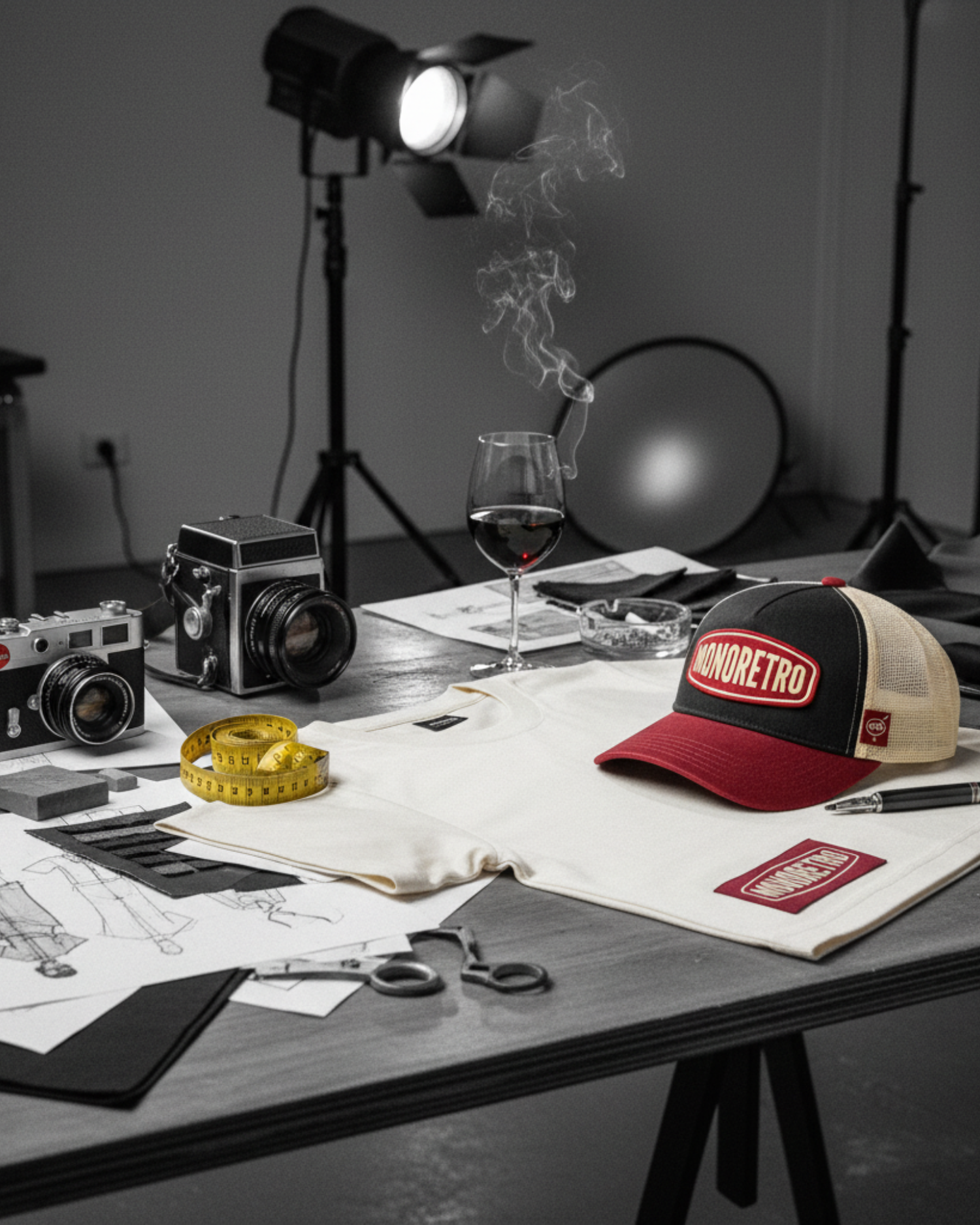 MONORETRO Studio collection – analogue clothing, trucker cap and accessories on a studio desk