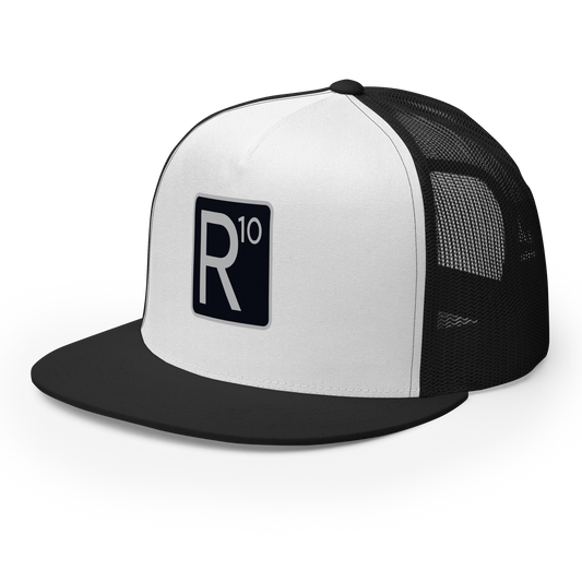 R10 Heritage Trucker Cap in black and white — front left three-quarter view.