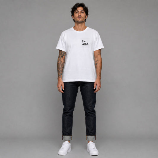 964 in white — worn by a male model, full length.