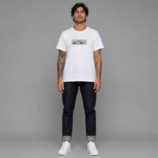 993 in white — worn by a male model, full length.