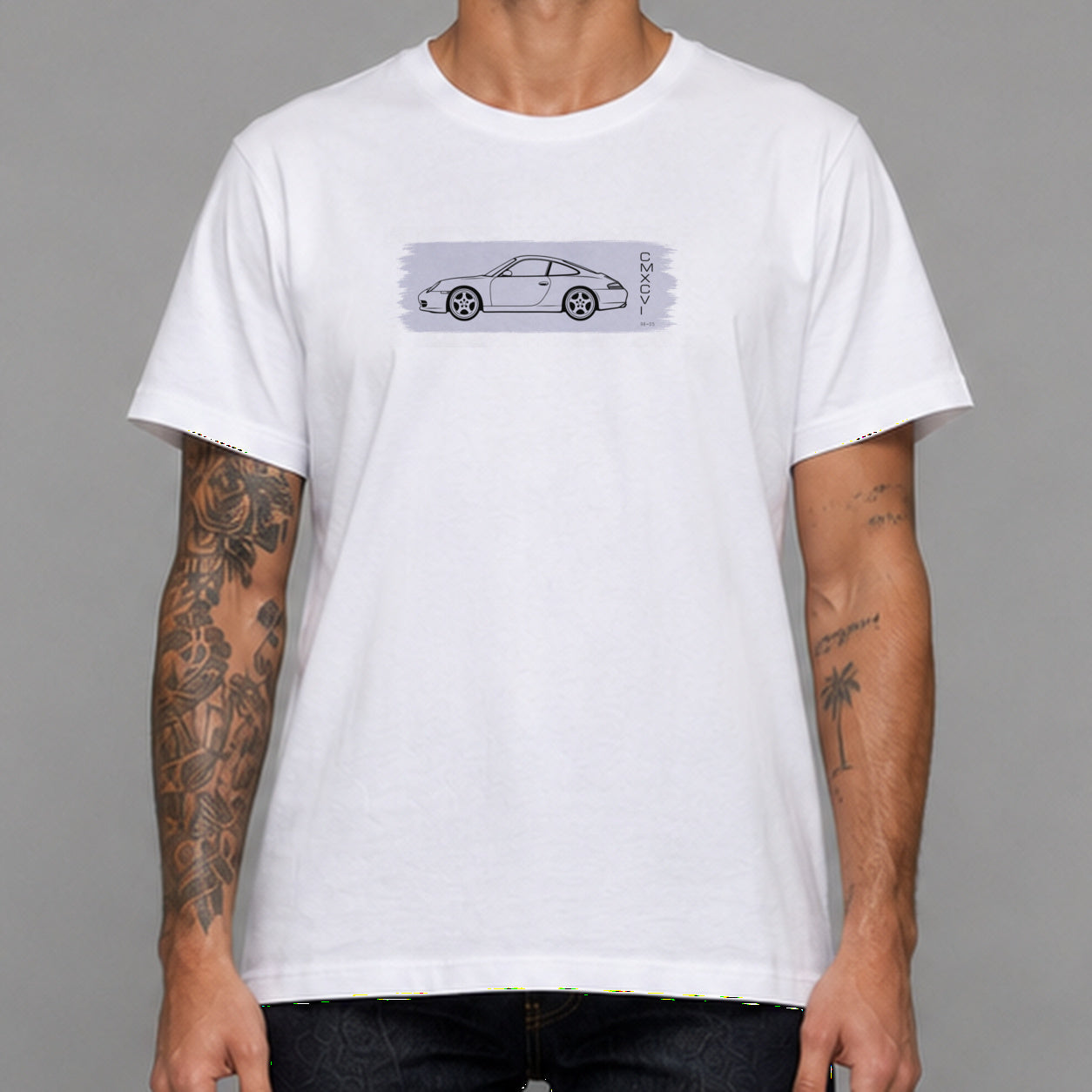996 in white — worn by a male model, front detail.