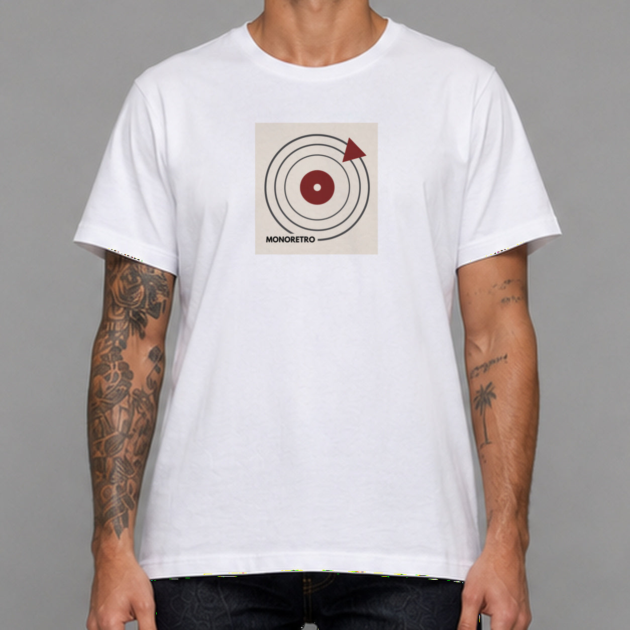 Bauhaus Turntable in white — worn by a male model, front detail.