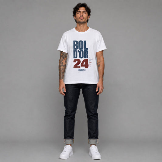 Bol D'or in white — worn by a male model, full length.
