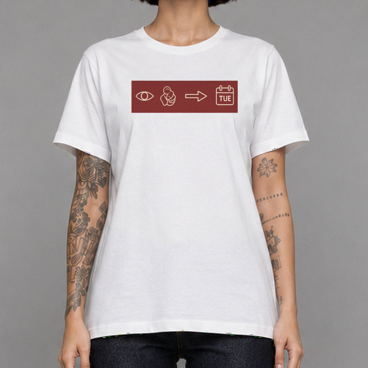 C.U. Next Tuesday in white — worn by a female model, front detail.