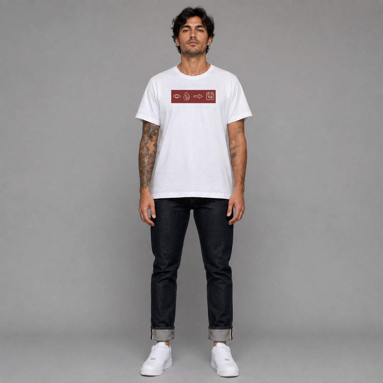 C.U. Next Tuesday in white — worn by a male model, full length.