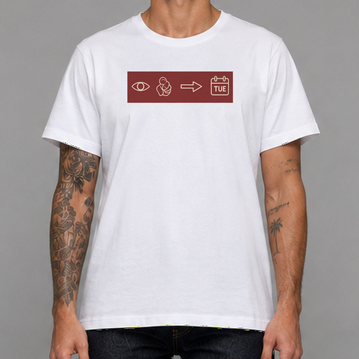 C.U. Next Tuesday in white — worn by a male model, front detail.