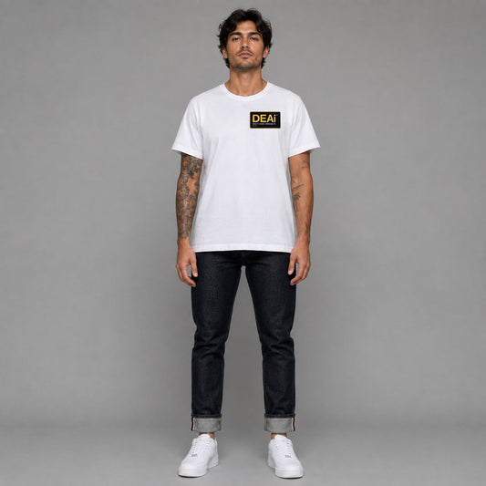 DEAi in white — worn by a male model, full length.