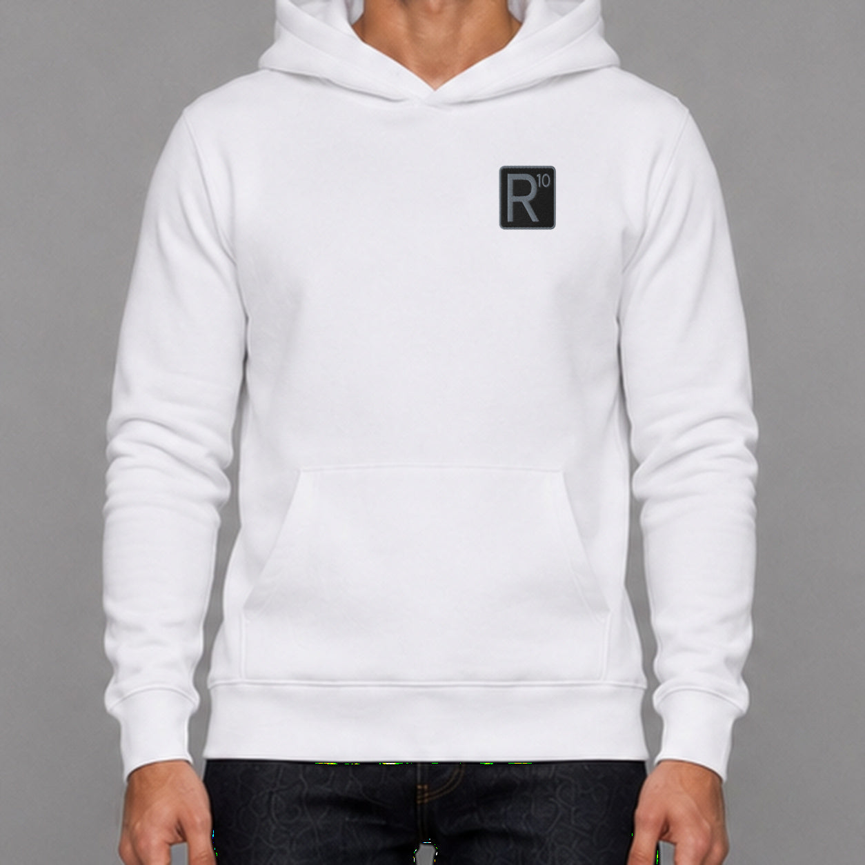 R10 Restaurant & Bar in white — worn by a male model, front detail.