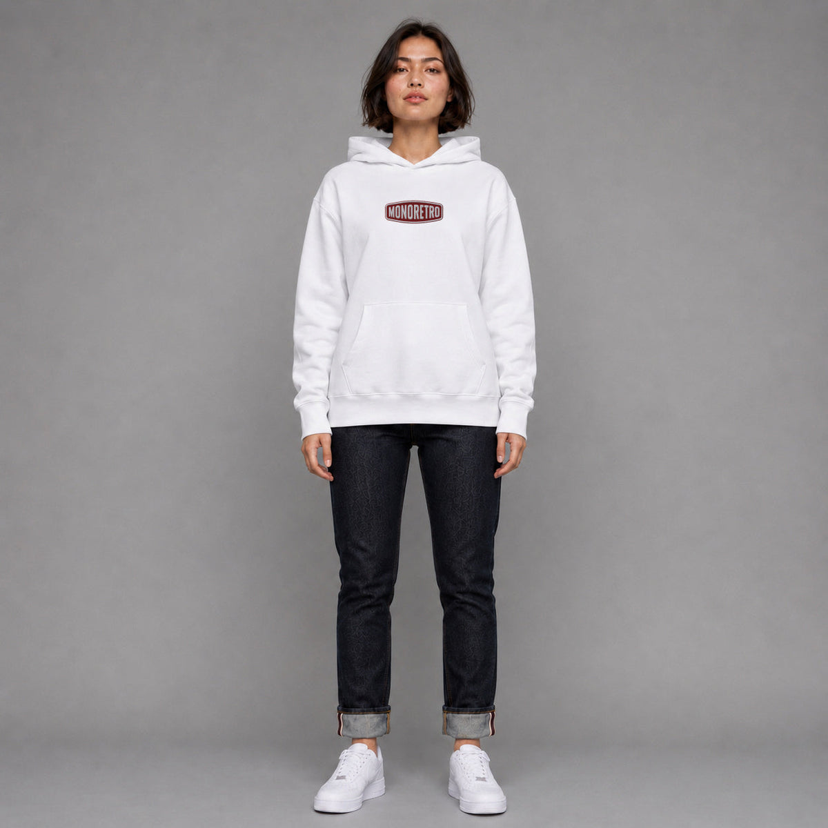 MONORETRO Signature No. 2 Heavyweight Hoodie in white — worn by female model, full length
