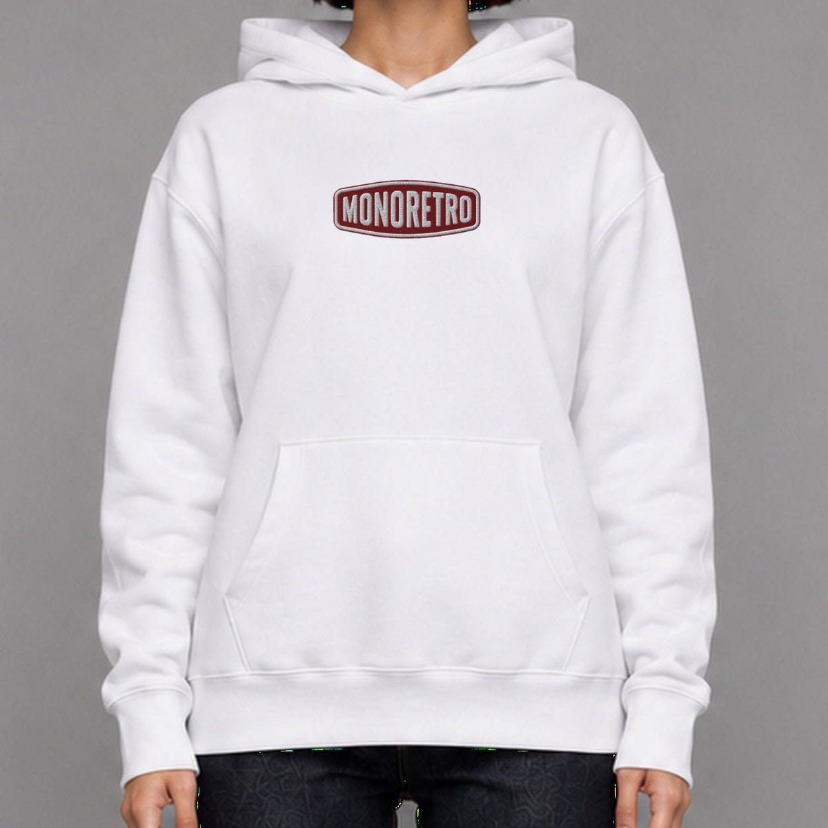 MONORETRO Signature No. 2 Heavyweight Hoodie in white — worn by female model, front detail