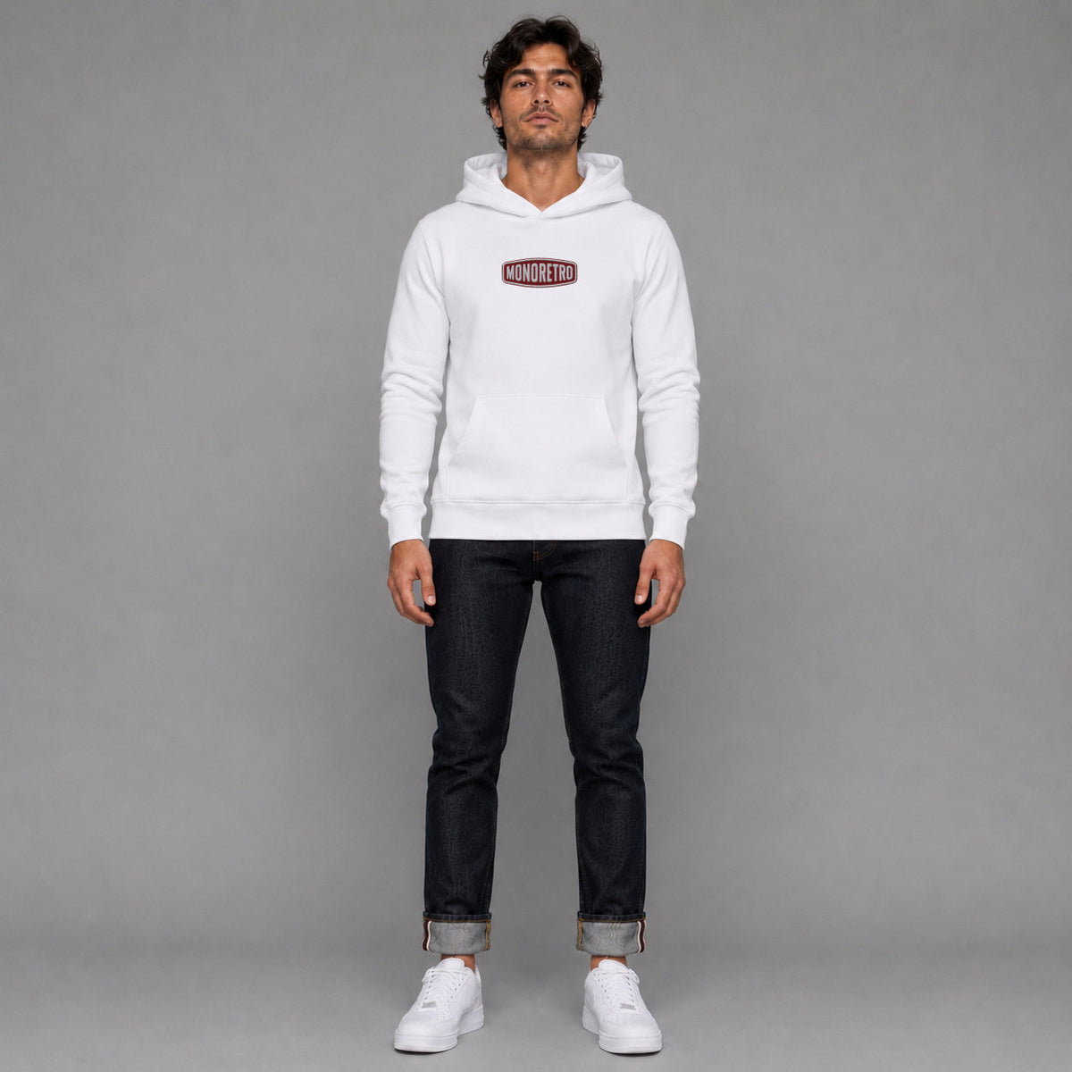 MONORETRO Signature No. 2 Heavyweight Hoodie in white — worn by male model, full length