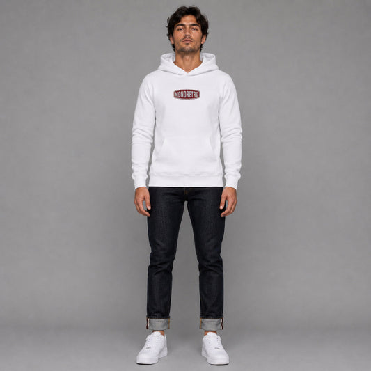 Signature No1 in white — worn by a male model, full length.