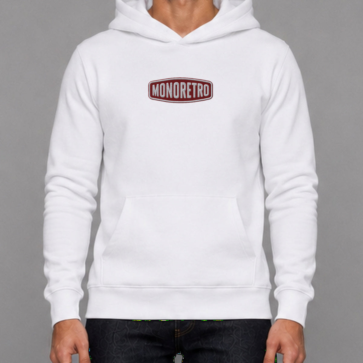MONORETRO Signature No. 2 Heavyweight Hoodie in white — worn by male model, front detail