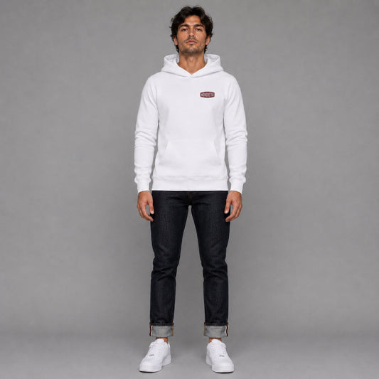 Signature No2 in white — worn by a male model, full length.