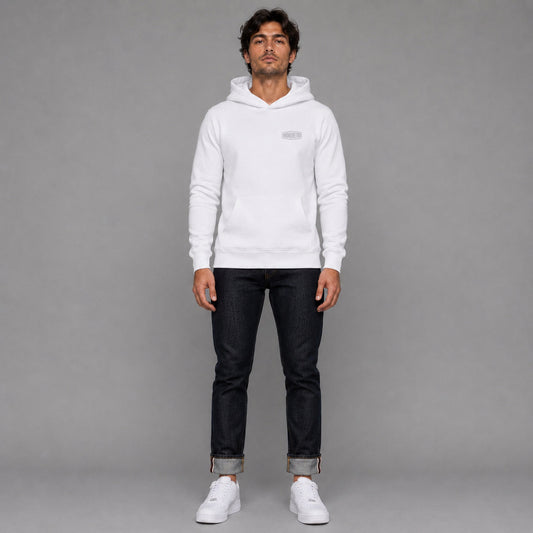 Signature No3 in white — worn by a male model, full length.