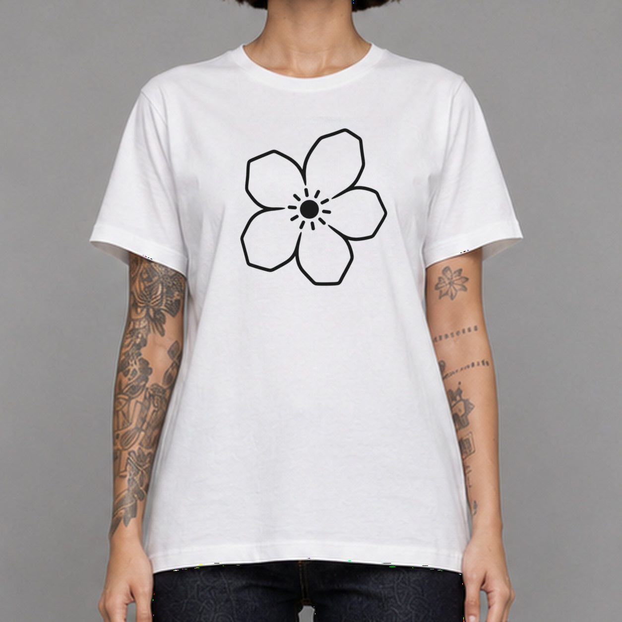 Magnolia in white — worn by a female model, front detail.