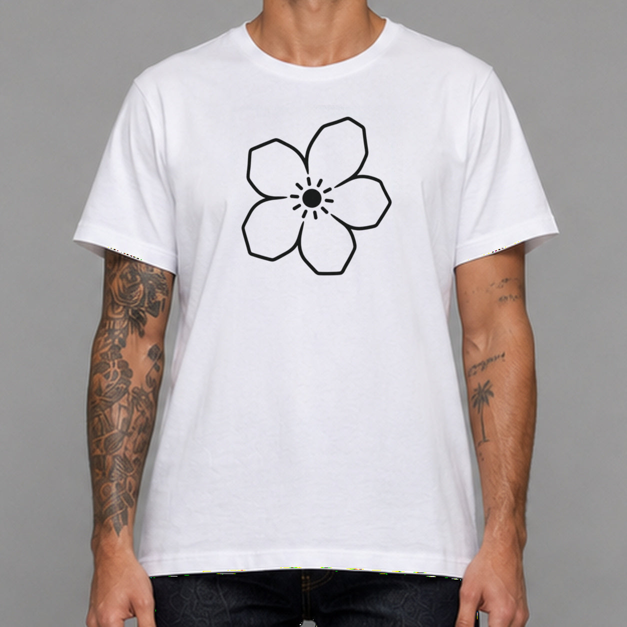 Magnolia in white — worn by a male model, front detail.