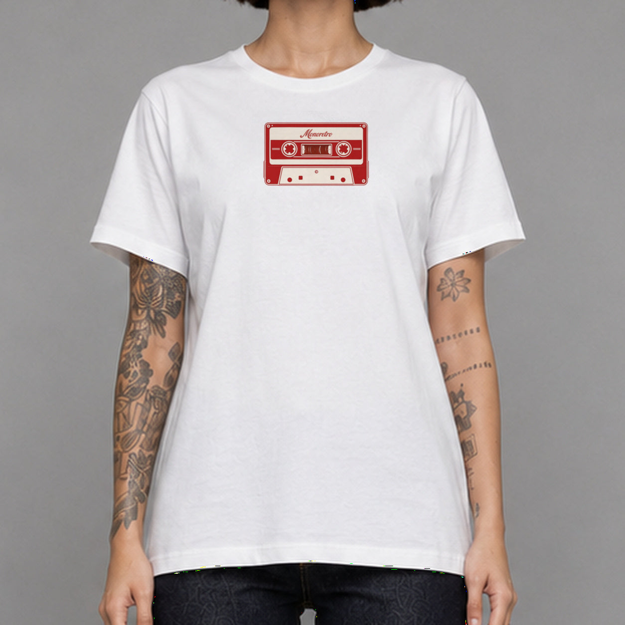 Mix Tape in white — worn by a female model, front detail.