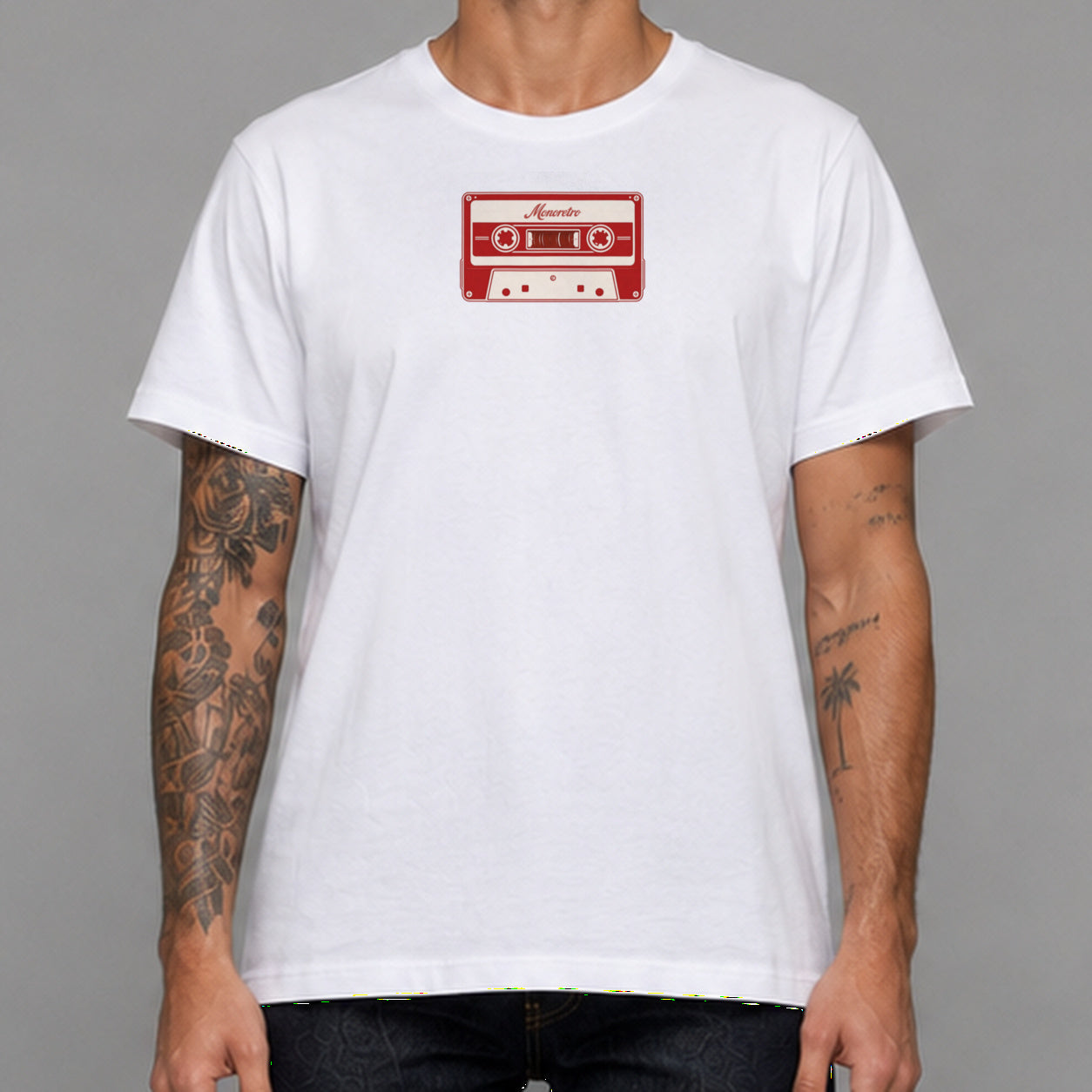 Mix Tape in white — worn by a male model, front detail.