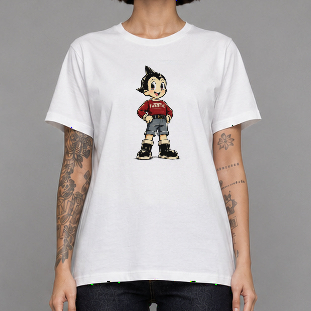 Mono Boy 019 in white — worn by a female model, front detail.