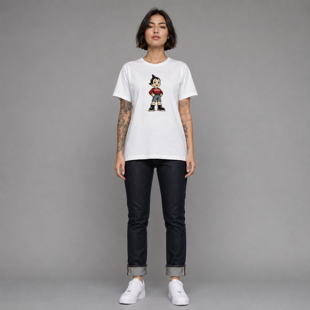 Mono Boy 019 in white — worn by a female model, full length.