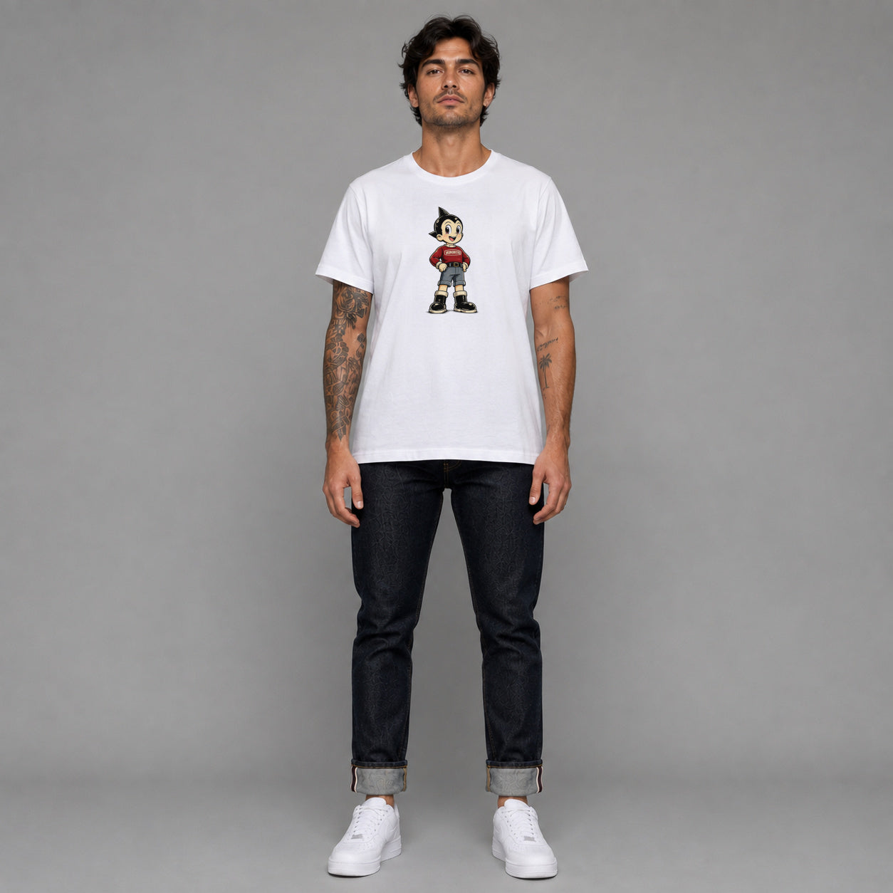 Mono Boy 019 in white — worn by a male model, full length.