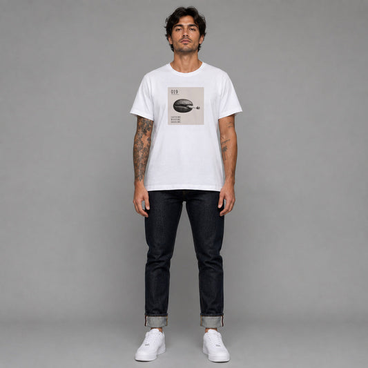Object Series 019 Caffeine, Nicotine & Gasoline in white — worn by a male model, full length.