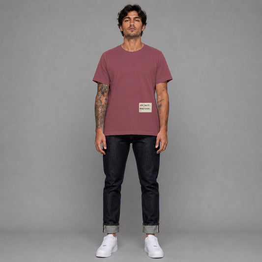 Object Series Maroon 012 in maroon — worn by a male model, full length.