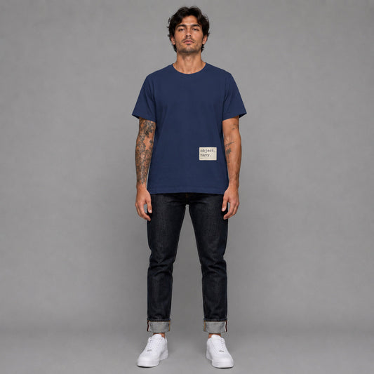Object Series Navy 009 in navy — worn by a male model, full length.