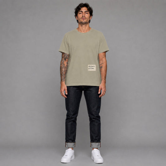Object Series Olive 011 in olive — worn by a male model, full length.