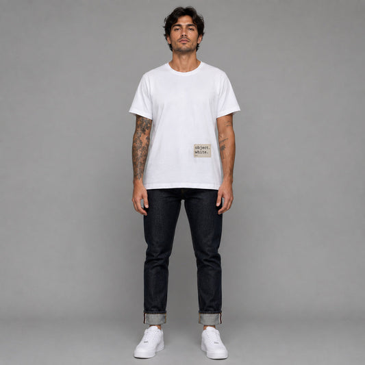 Object Series White 007 in white — worn by a male model, full length.