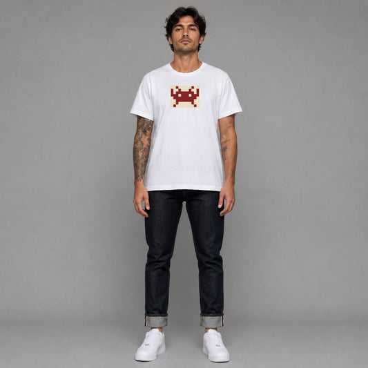 Party Invader in white — worn by a male model, full length.