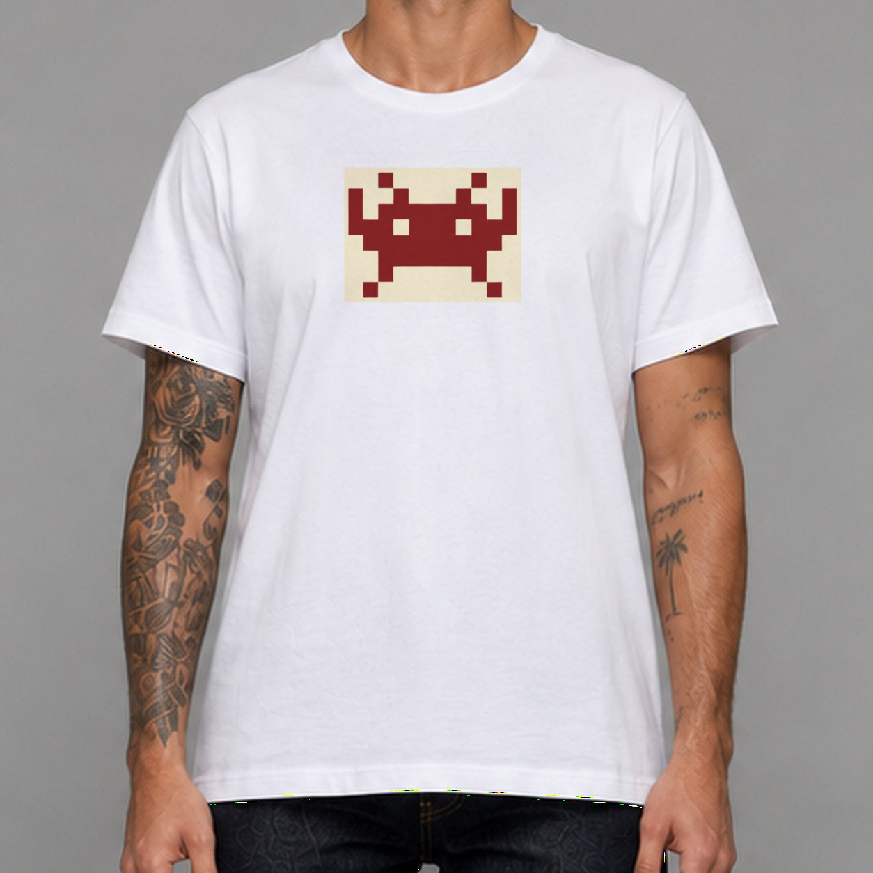 Party Invader in white — worn by a male model, front detail.