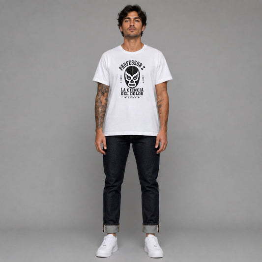 Professor Z in white — worn by a male model, full length.