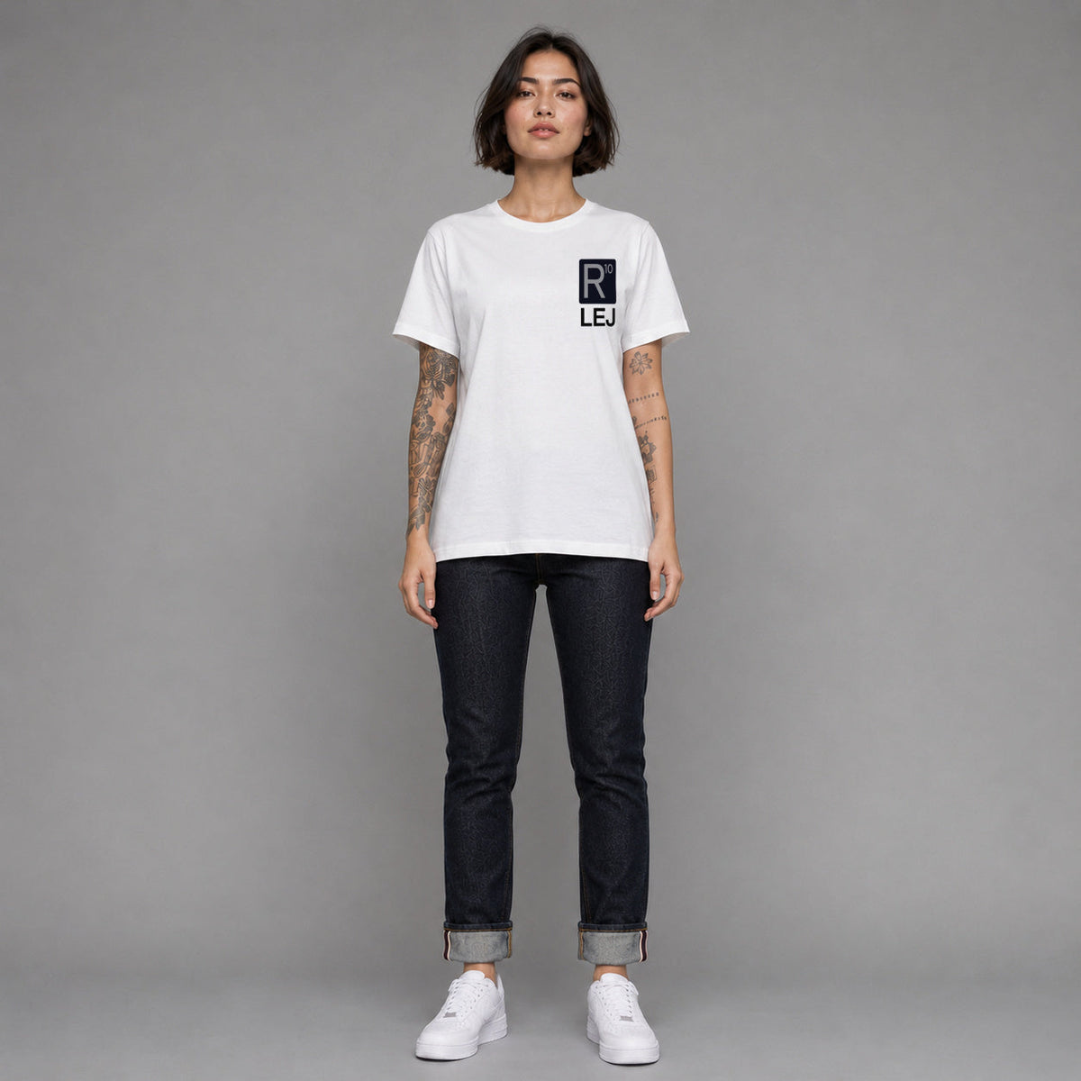 MONORETRO R10 LEJ Heritage Tube Knit T-Shirt in white — worn by female model, full length