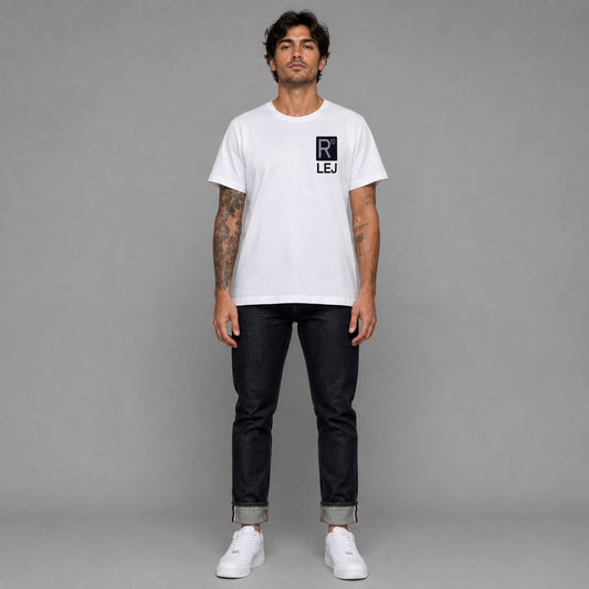 R10 LEJ in white — worn by a male model, full length.