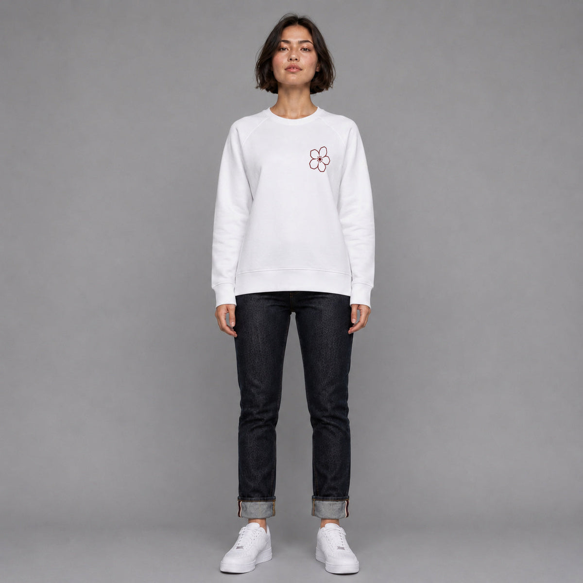 MONORETRO Signature No. 9 Heritage Raglan Sweatshirt in white — worn by female model, full length