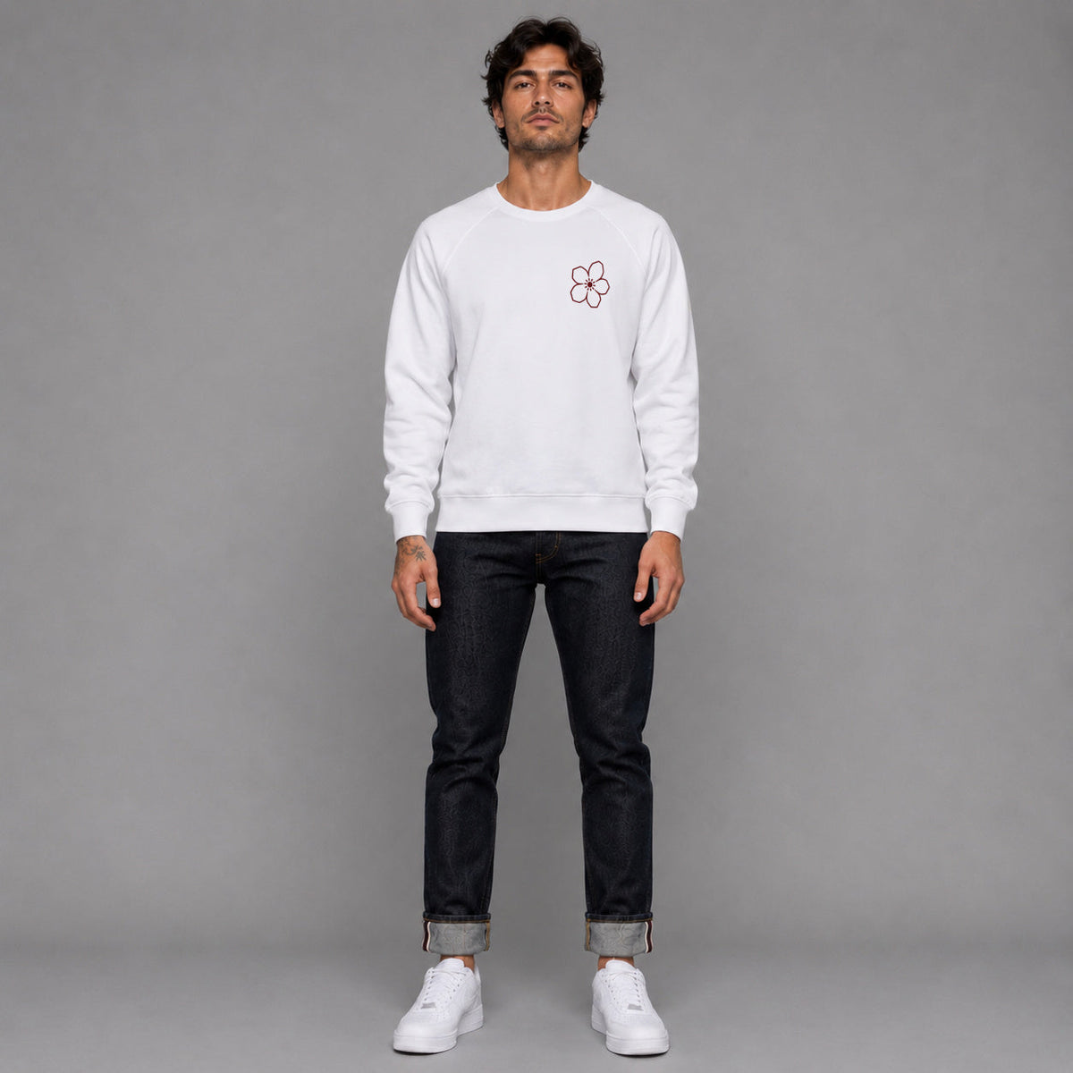 MONORETRO Signature No. 9 Heritage Raglan Sweatshirt in white — worn by male model, full length