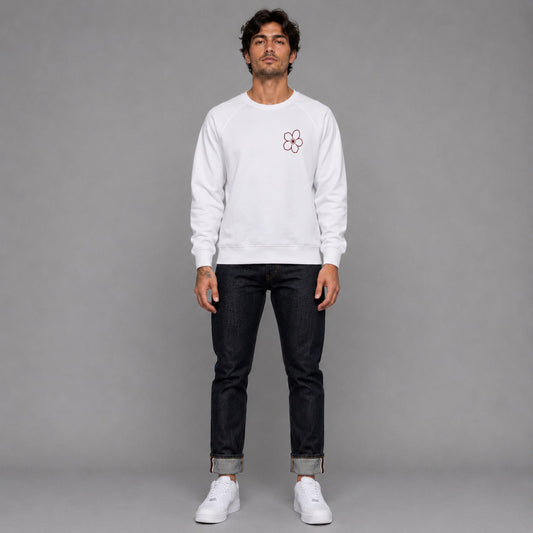 Magnolia in white — worn by a male model, full length.