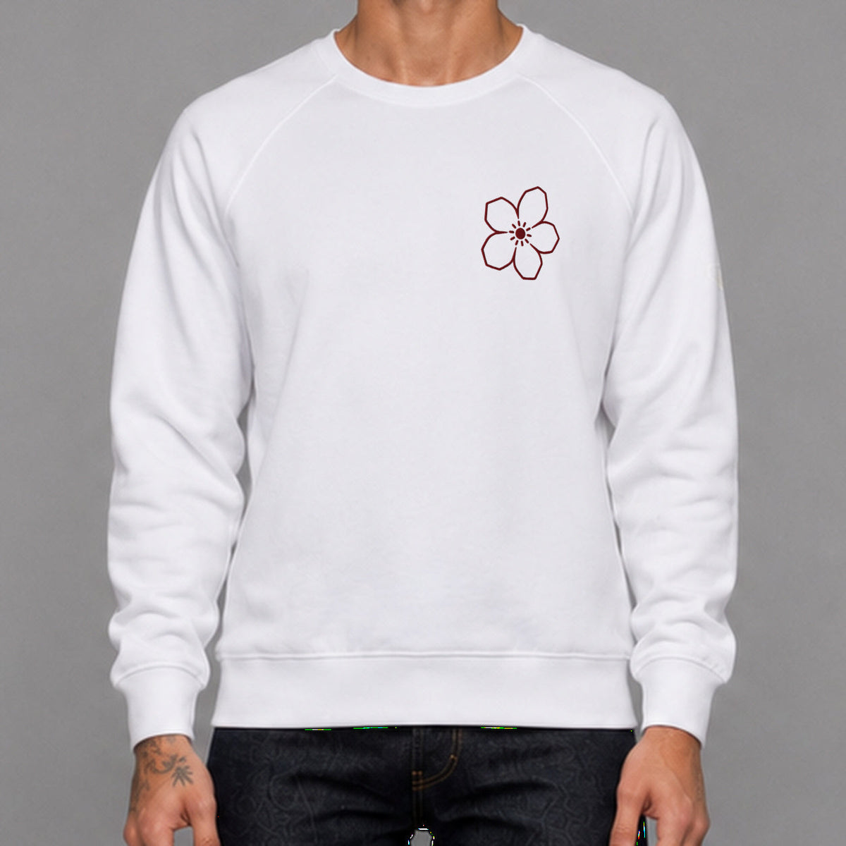 MONORETRO Signature No. 9 Heritage Raglan Sweatshirt in white — worn by male model, front detail